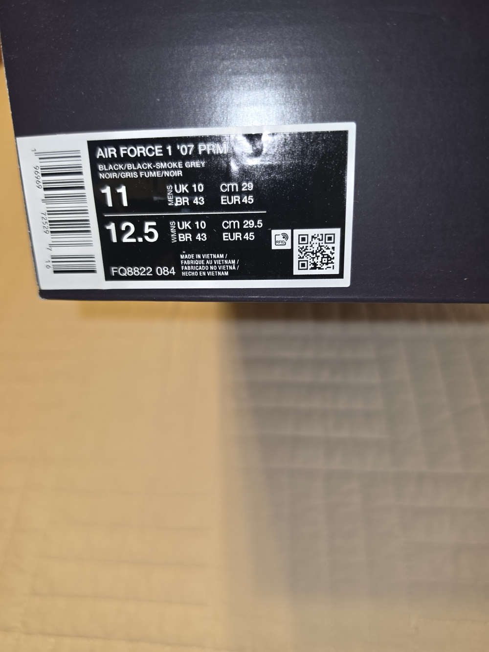 Nike Air Force 1 '07 PRM Black/Smoke Grey Shoe Box Label